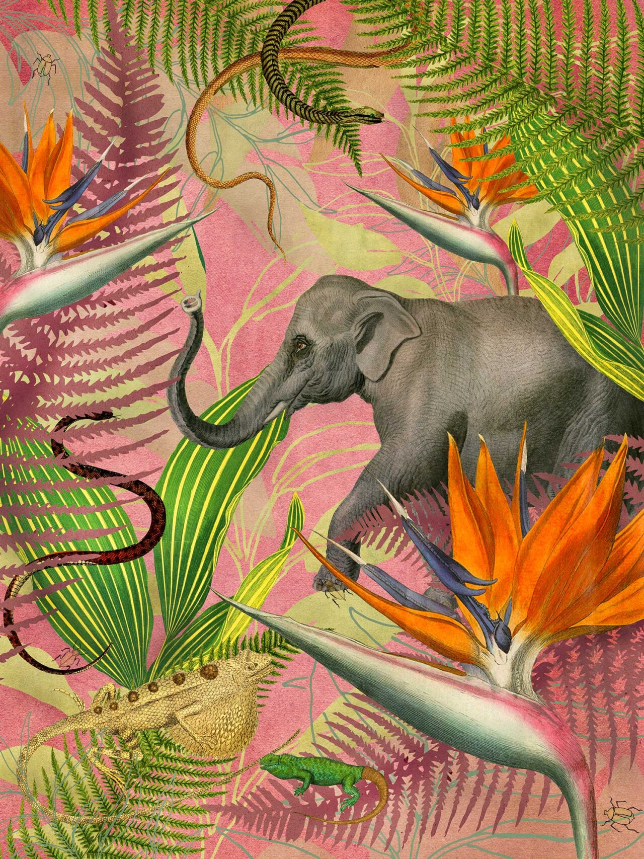 Elephant and Bird of Paradise canvas artwork at The Botanist