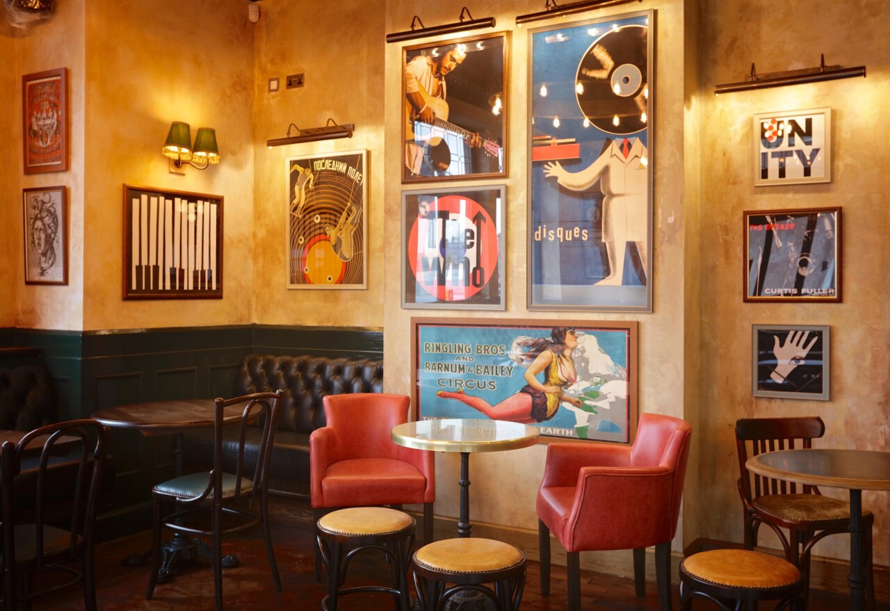 The Bedford bar area featuring a collection of music and circus inspired artwork