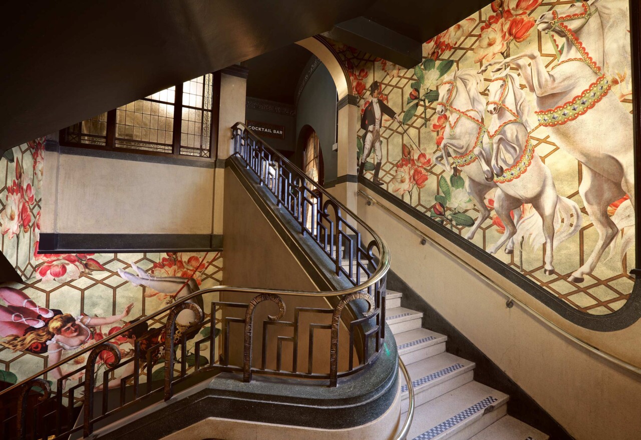 Bespoke circus wallpaper in the staircase