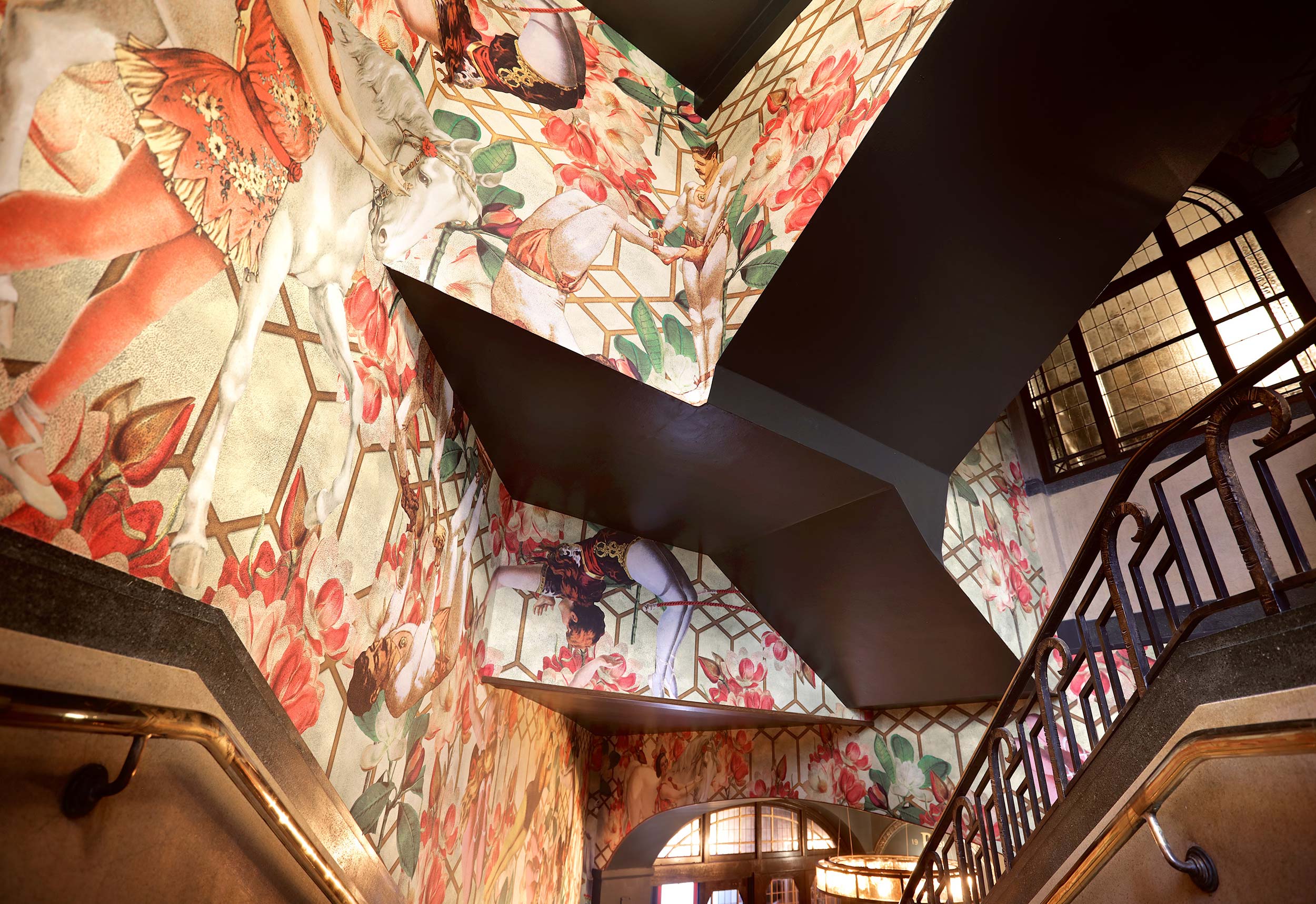Custom designed wallpaper artwork for The Bedford staircase