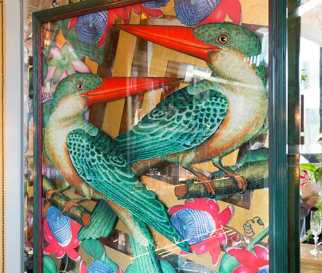 adam ellis studio london Ivy Spinningfields Manchester private dining room layered panel artwork kingfisher passion flower Dalton