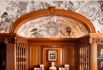 Brown's Tea Room Regency Beau Monde bespoke wallpaper above the wall panelling