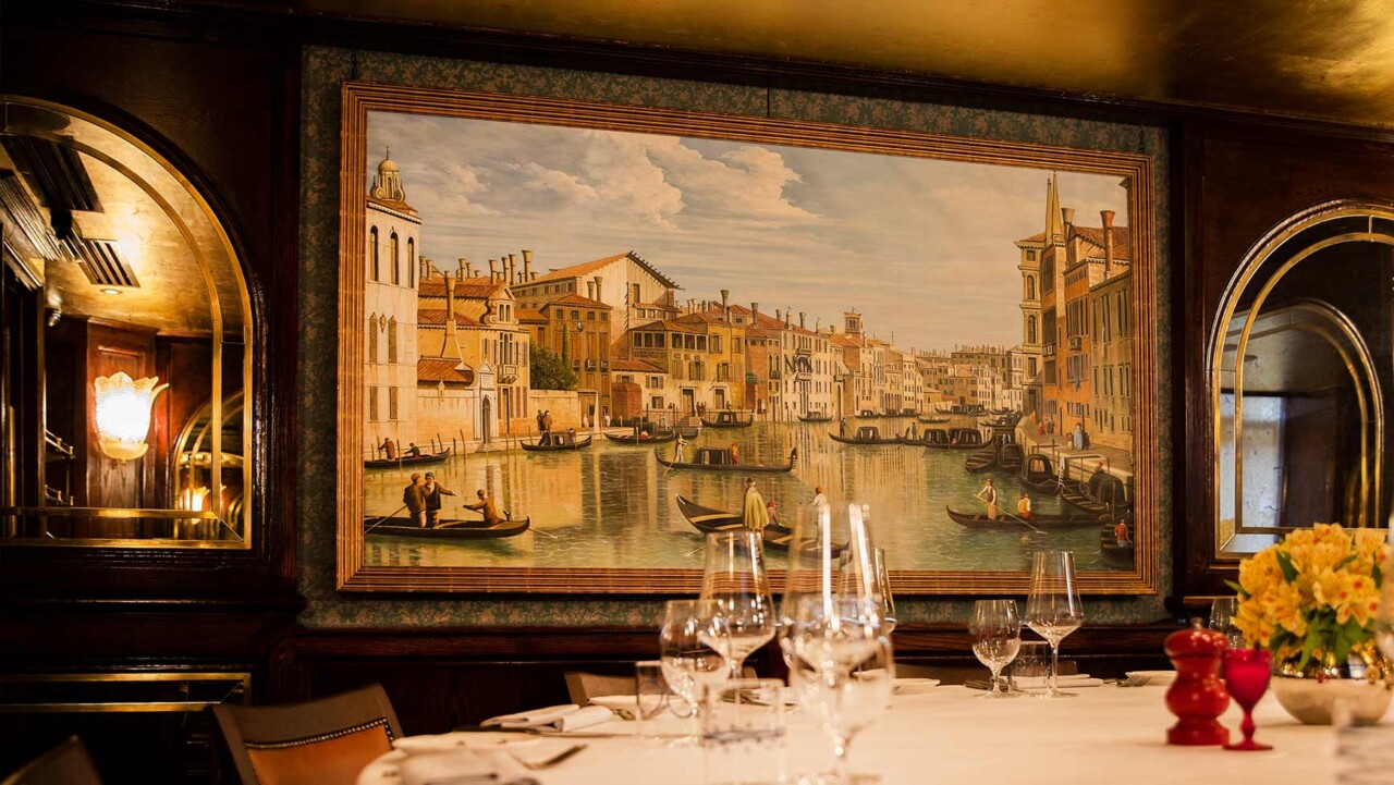 Canaletto panoramic Italian painting in the private dining room in Basil Street Harry's Dolce Vita