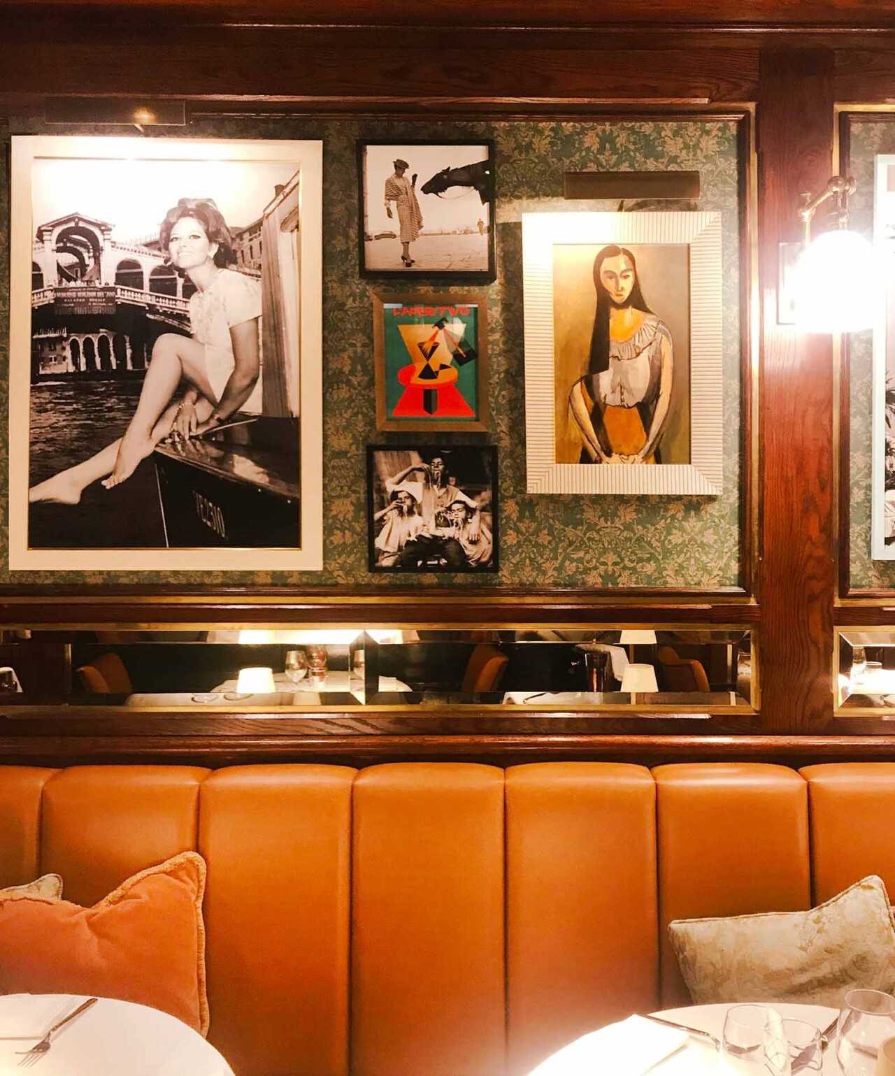 Sophia Loren vintage photography and paintings sit on bespoke faux silk wallpaper