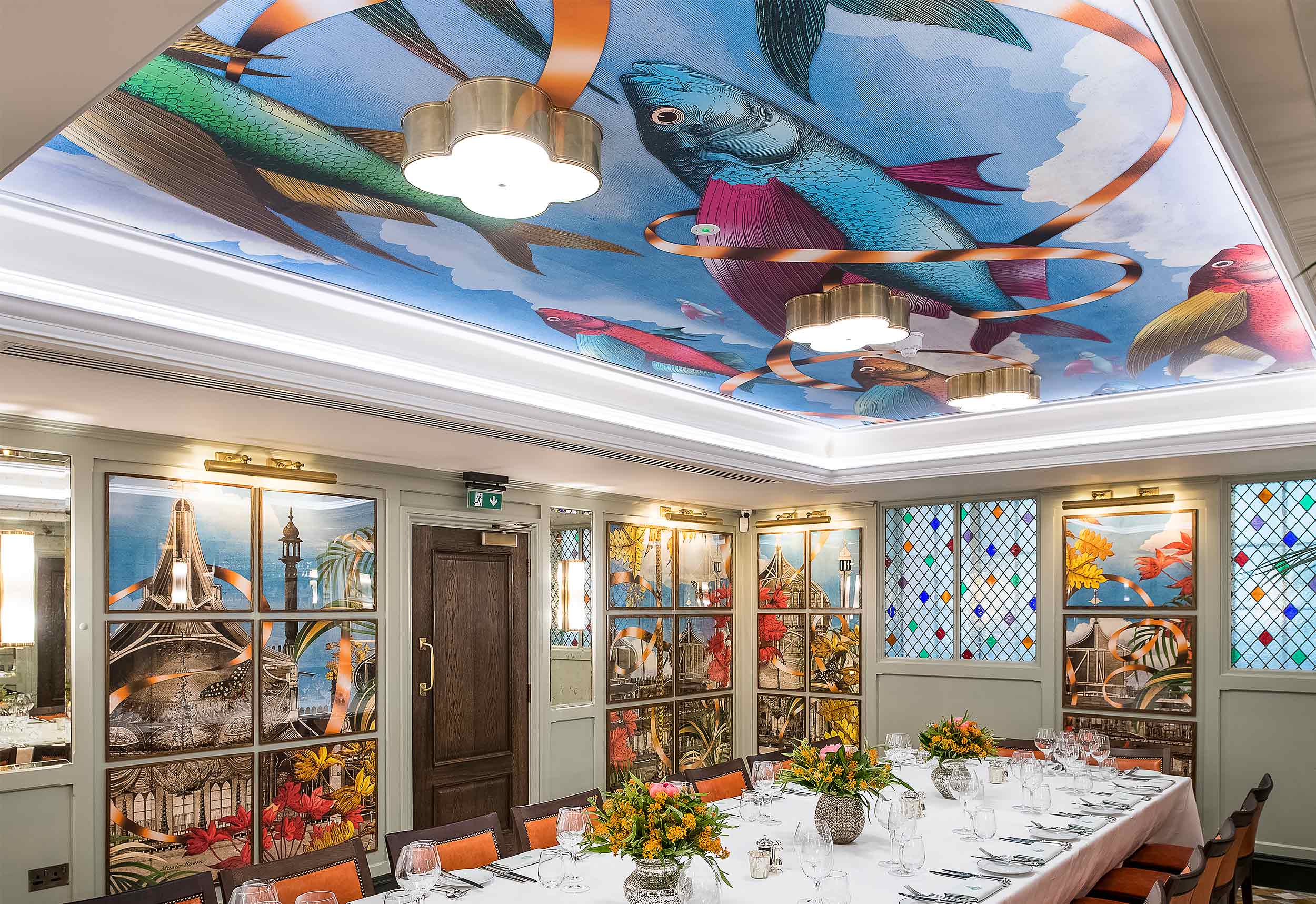 adam ellis studio london brighton ivy lanes private dining room ceiling fish flying wallpaper ribbon