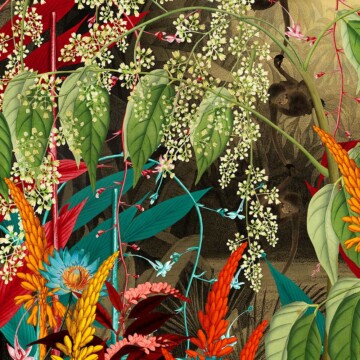 Hot tropics wallpaper design with vivid aloe vera, leafy botanicals and an inky background with small monkeys swinging from trees