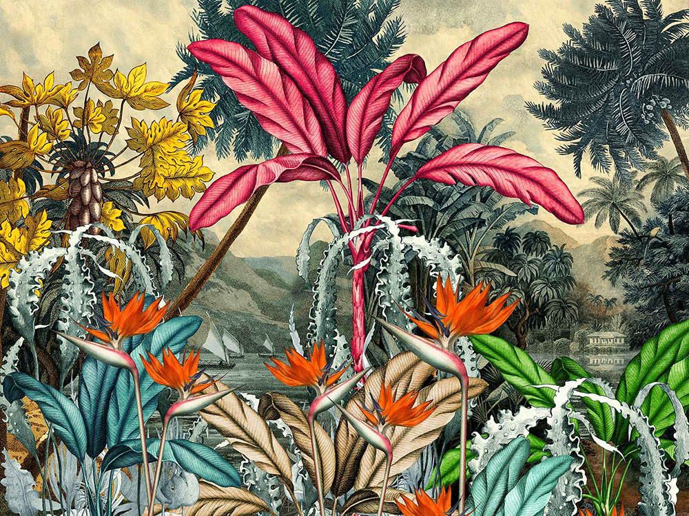 Plantain Forest maximalist wallpaper design with large pink palm tree amongst birds of paradise botanicals and a soft exotic background scene including sailboats on a river