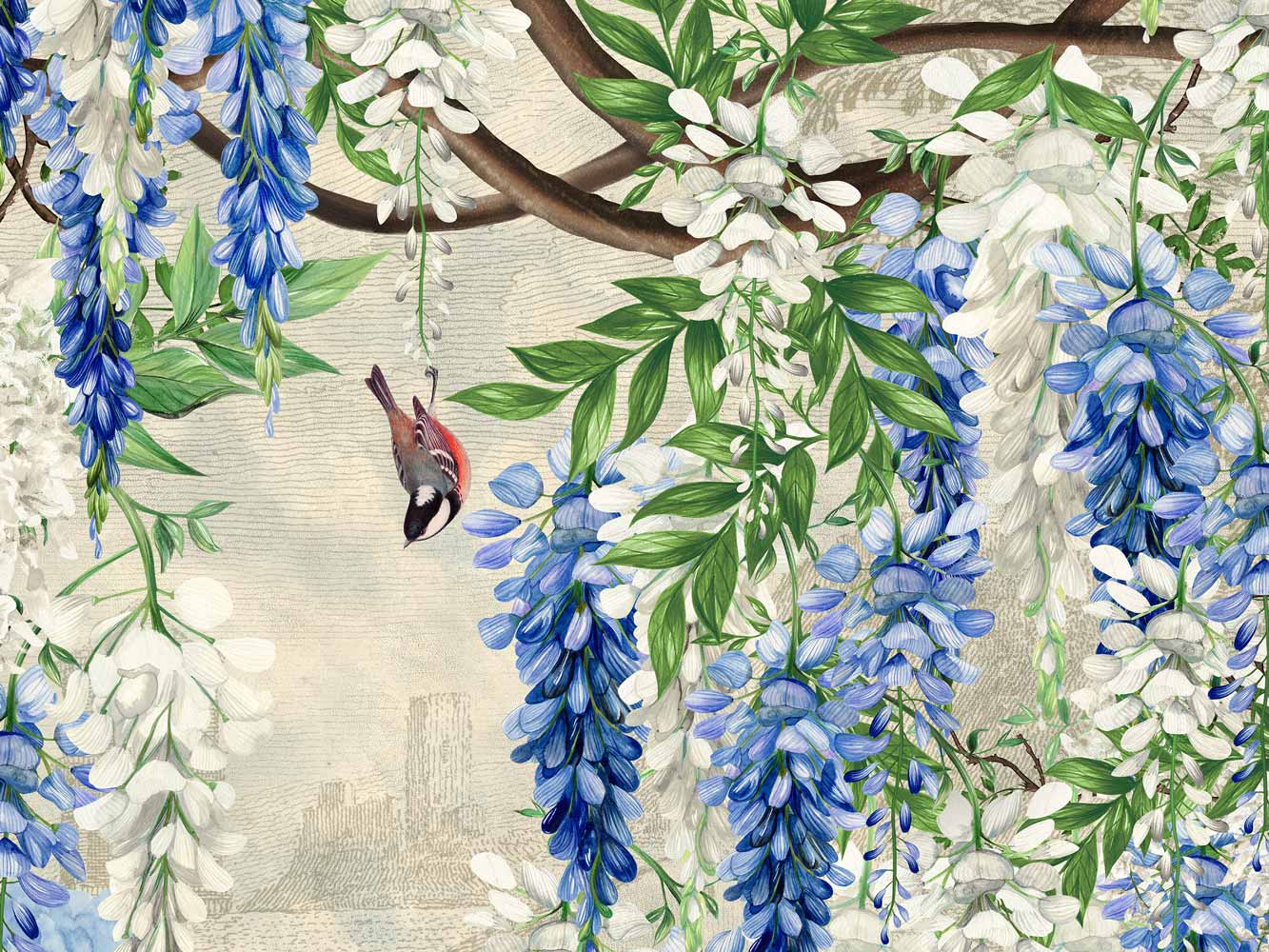 Wisteria wallpaper detail with hand painted flowers and native british birds