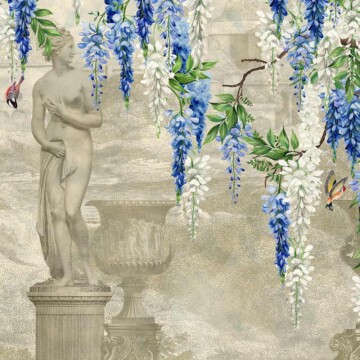 Wisteria design with sculptural scene and native british birds perched amongst it