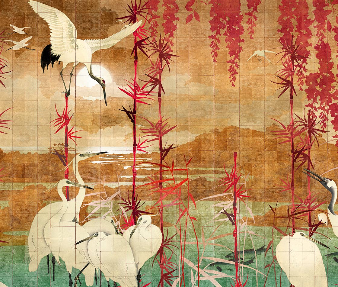 Wallpaper incorporating Asia stalks amongst bamboo stalks for the Ladies powder room walls