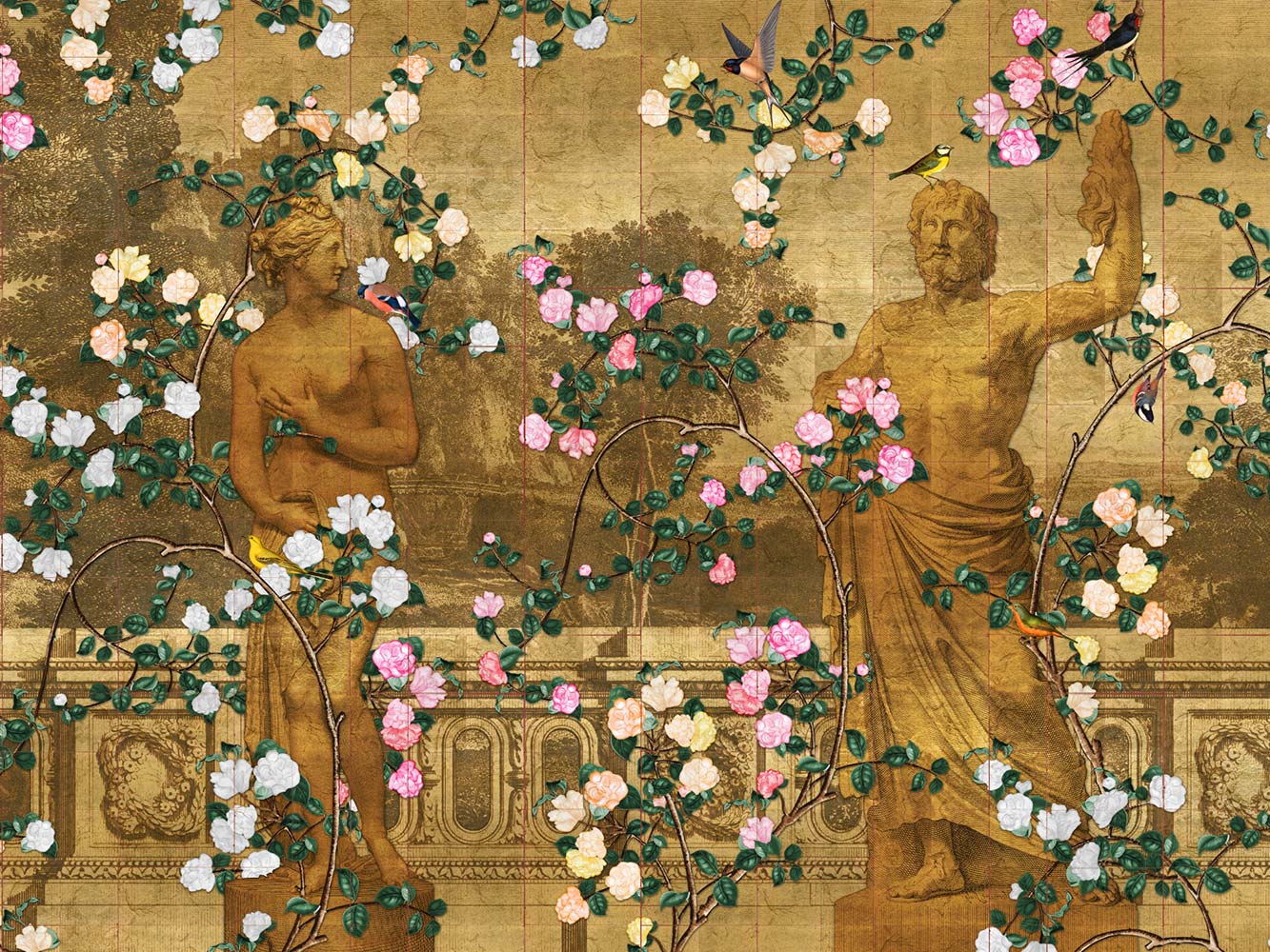 Gold leaf wallpaper displaying classical Greek gods woven with hand painted rosa botanicals
