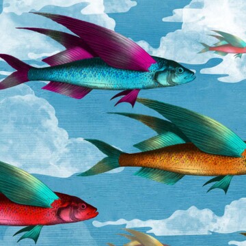 Flying fish design with scaled and winged fish flying through the cloudy sky