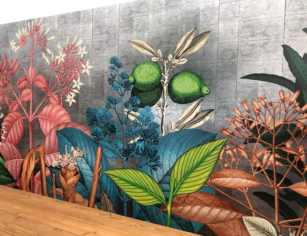 Wallpaper design displayed in the Fever-Tree Queen's Championships showcasing the mixer ingredients against a burnished silver metallic.