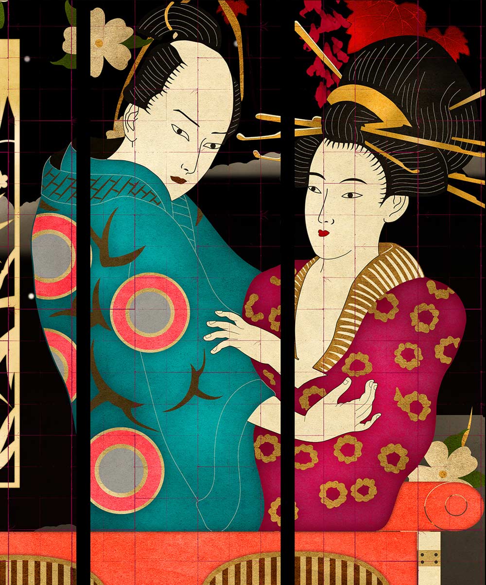 A Geisha and Samurai in asian-inspired patterned robes hold each other.