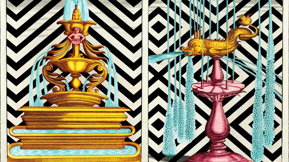 Elaborate fountain designs in gold and pink detailing sit beside each other. Water gushes out in vivid cyan. The background is formed of two bold graphic patterns in black and white.