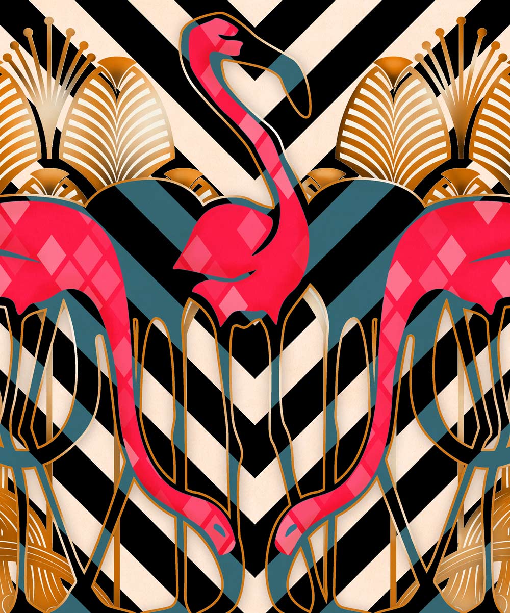 Vivid pink flamingoes are symmetrically displayed against a gold art deco fountain pattern. The features are outlined in a gold stroke and a bold black and white strip fills the background.