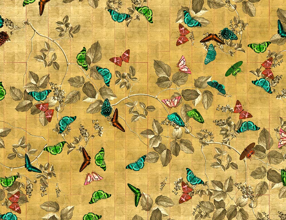 Detail of the gold ceiling coffer artwork. Red, blue and green butterflies flit amongst dark gold delicate botanicals. A gold tile textured background adds depth.