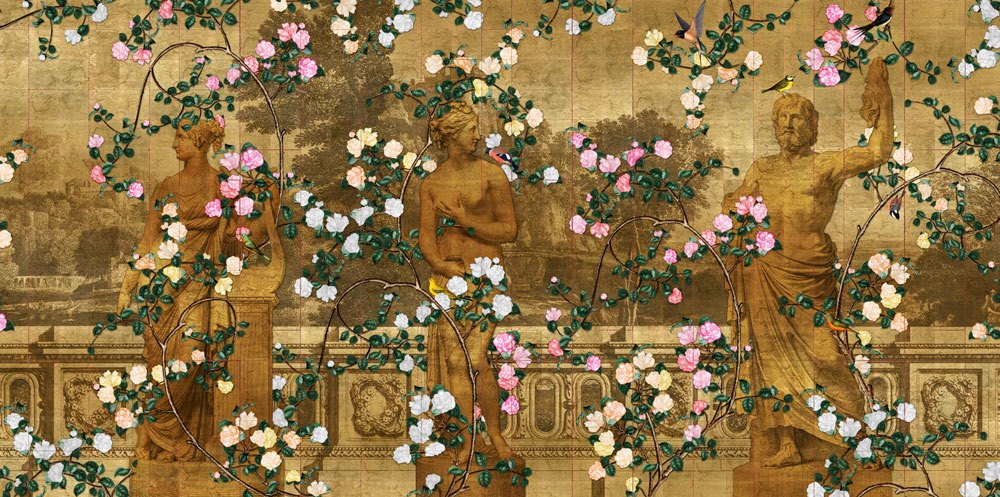 Burnished gold wallpaper detail showing 3 classical sculptures against an etching landscape background and entwined in hand-painted garden roses. Small native birds are flitting amongst the features.