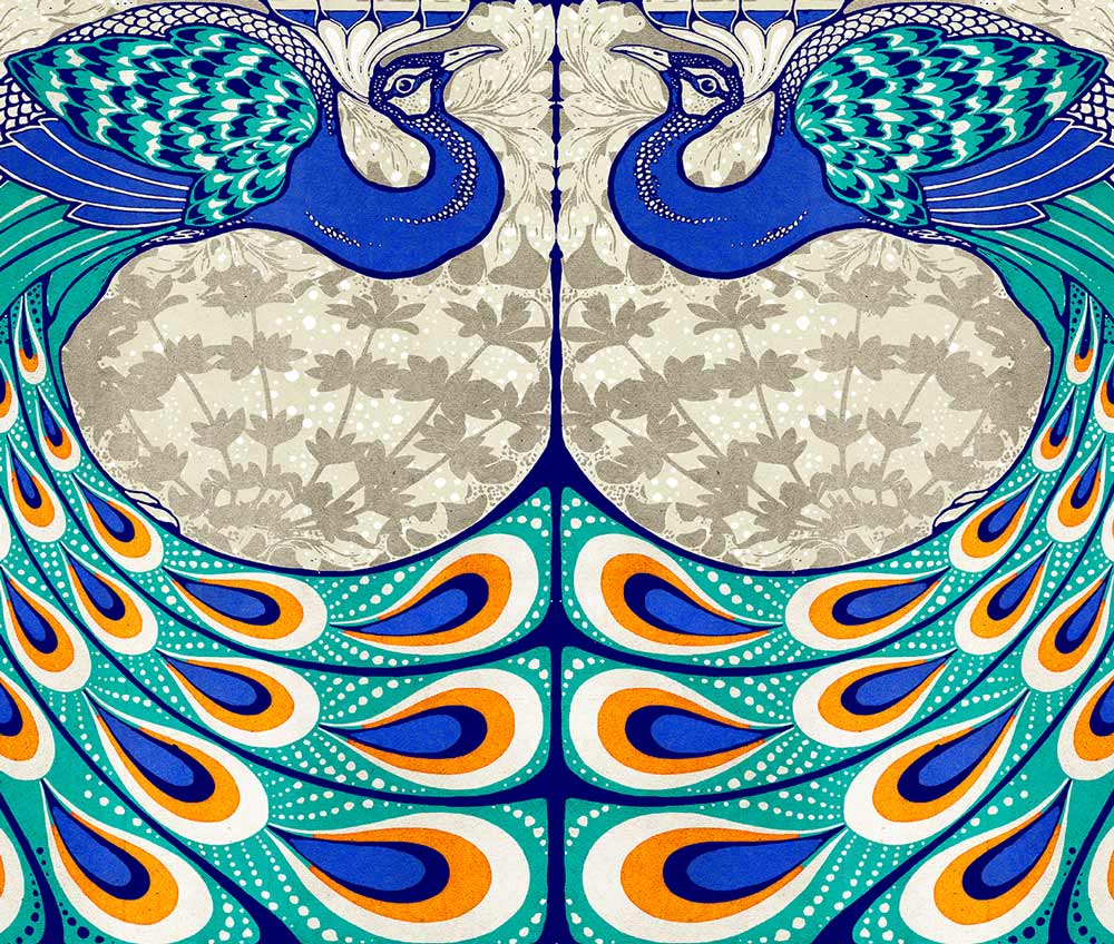 Two peacocks are reflected on the gatefold menu artwork. Feathers are highlights in yellow, teal and white against a deep blue fill. A botanical pattern fills the space behind the bird.