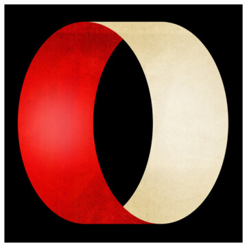 Elliptical composition with circle cut in half by vibrant red and white