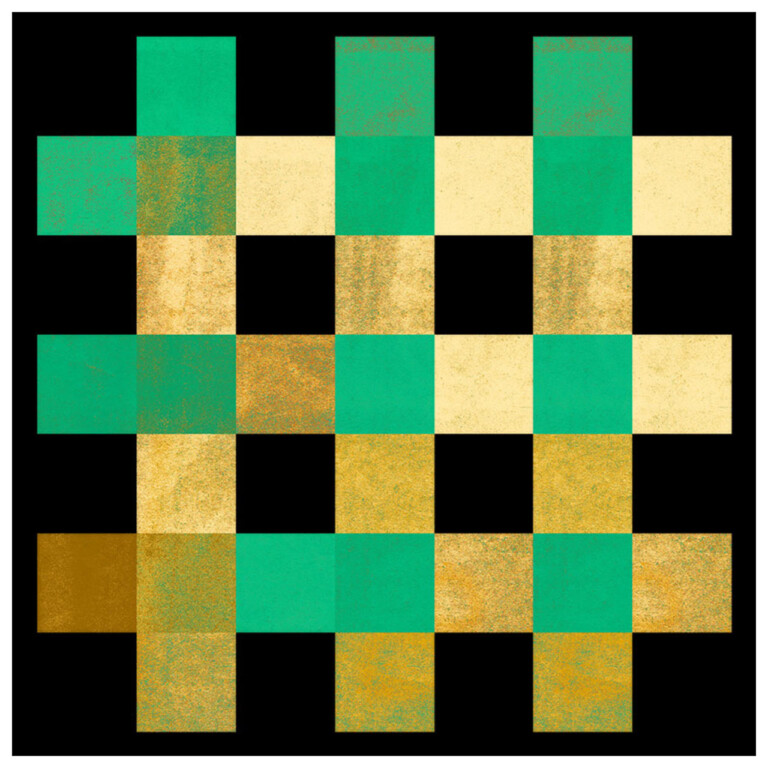 Six crosshatched rectangles in textured greens and yellow against a dark textured background
