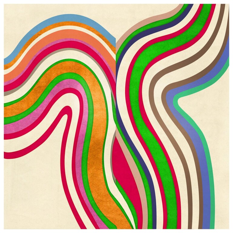 Colourful curved lines weave across this print in pink, green, blue and gold.