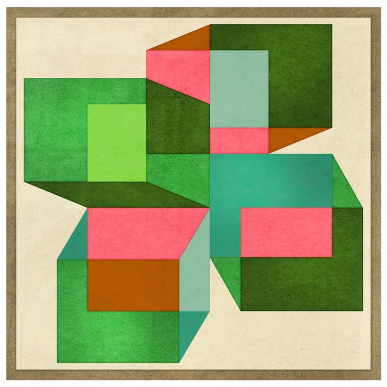 Construct Ellis Edition artwork with green, pink and teal geometric boxes