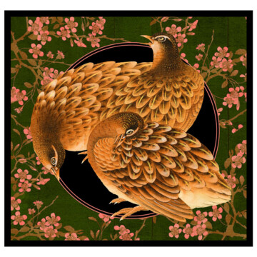 Pair of asian Hen Pheasants with patterned cherry blossom border