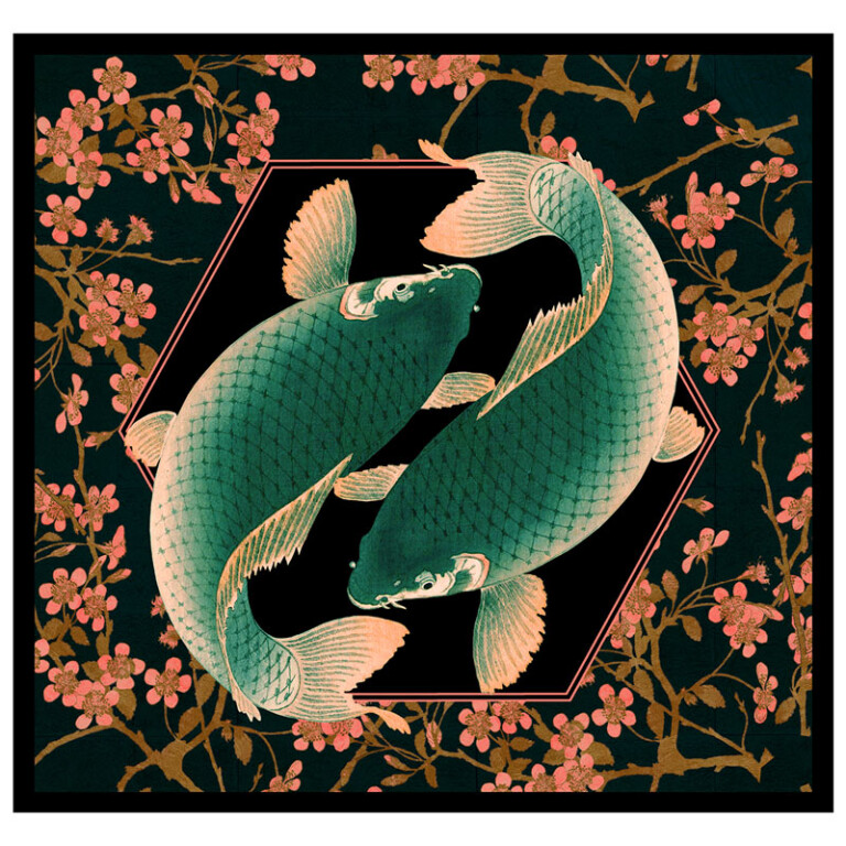 Koi Carp intertwining amongst graphic shapes and a cherry blossom pattern