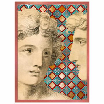 Two portraits of classical faces with a floral tile background and dusty pink border