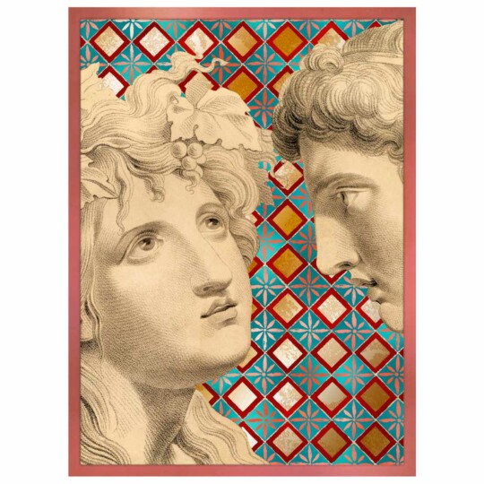 Two portraits of classical faces with a floral tile background and dusty pink border, Gaze