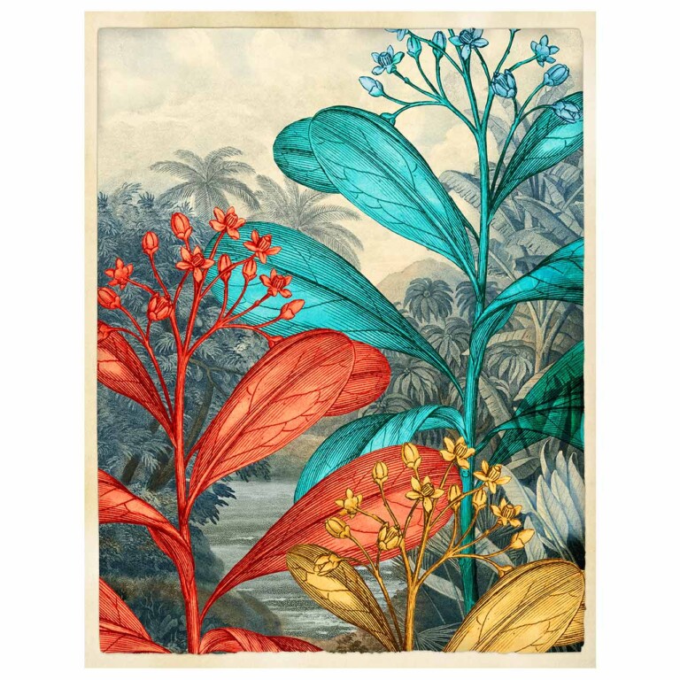 Cinnamon branches in teal, pink and yellow. The background is a muted blue tropical landscape