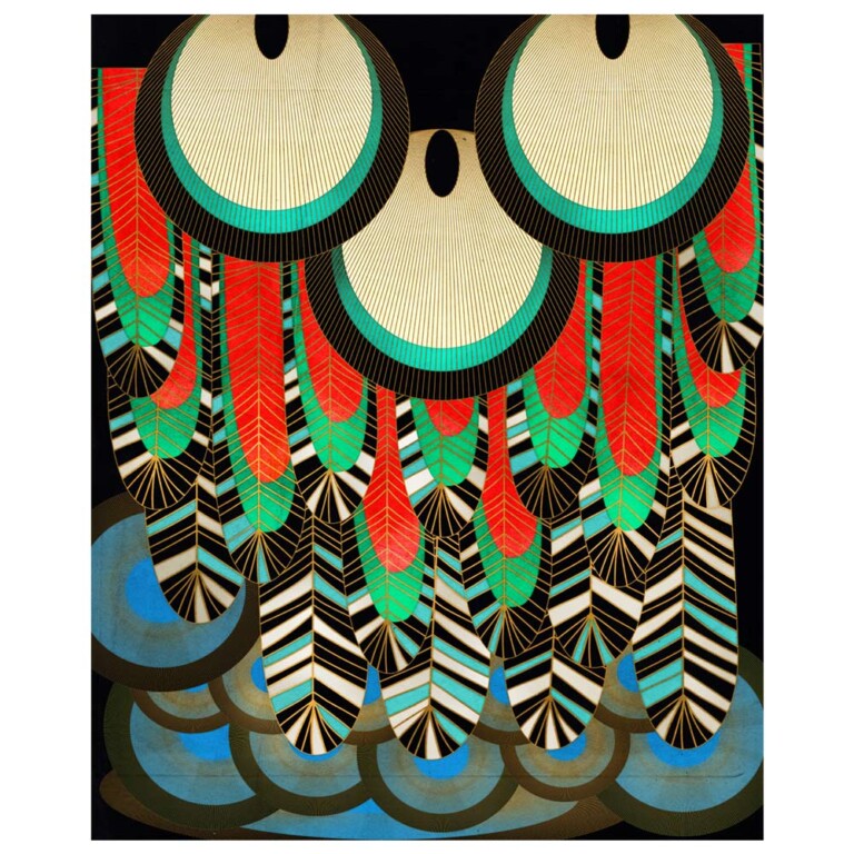 art deco inspired feather pattern intricately detailed. 3 circular features in white are layered over striped feather in green and blue, with red highlights.