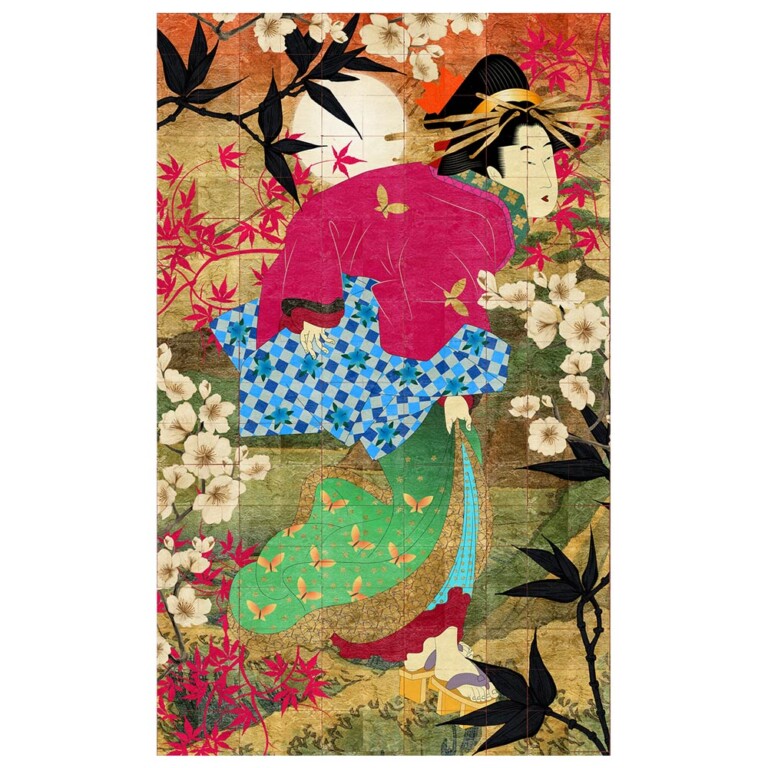 A beautiful Geisha wearing a vivid patterned Kimono dress. Bamboo leaves, cherry blossom and maple leaves create a botanical border.