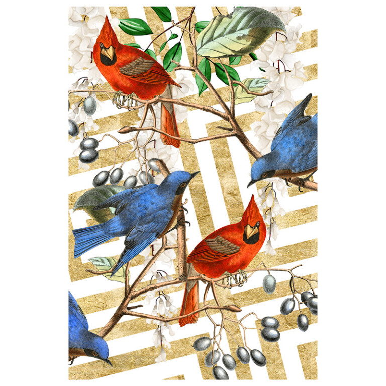 Perched finches on leafy botanicals with gold stripes behind