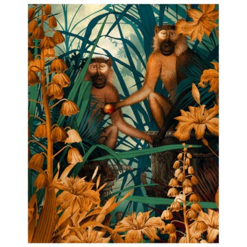 Two golden baboons eating fruit amongst tropical blue and ochre botanicals.