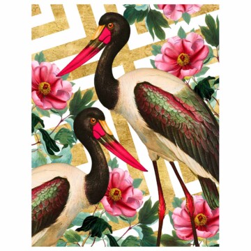 Pair of storks set against peonies and geometric gold stripes