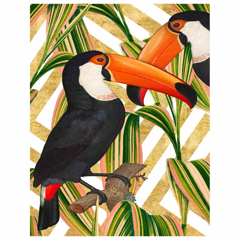 Toucans in the graphic bird series with geometric gold stripe background