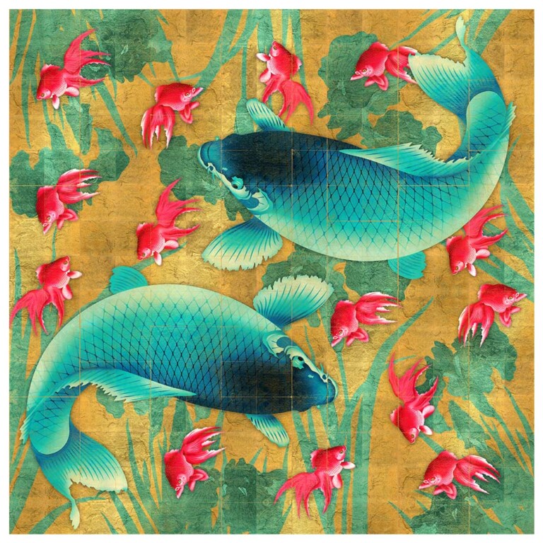 A pair of Koi carp intertwining amongst goldfish and river botanicals. The background is our signature gold metallic tile