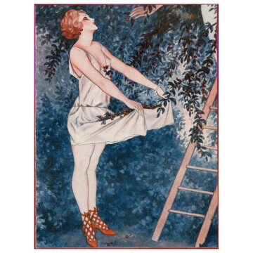 1920s french style illustration of a woman picking cherries