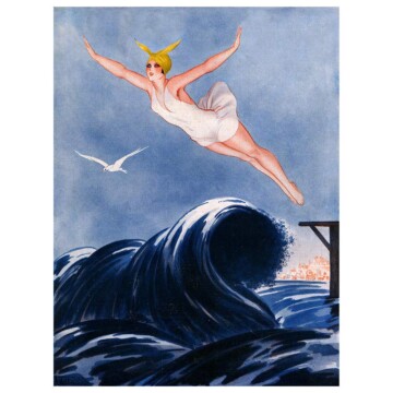 1920s french style illustration of a woman diving into the sea. A seagull flies behind her.