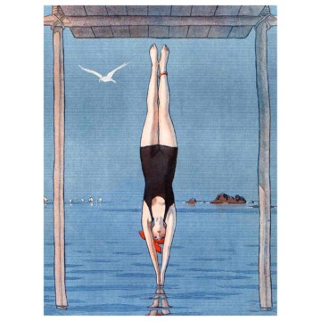 1920s french style illustration of a woman diving off a jetty into the sea
