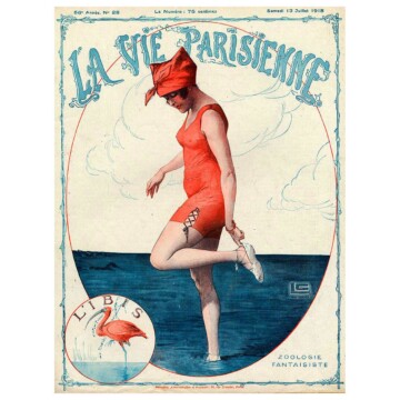 1920s french style illustration of a woman paddling in the sea
