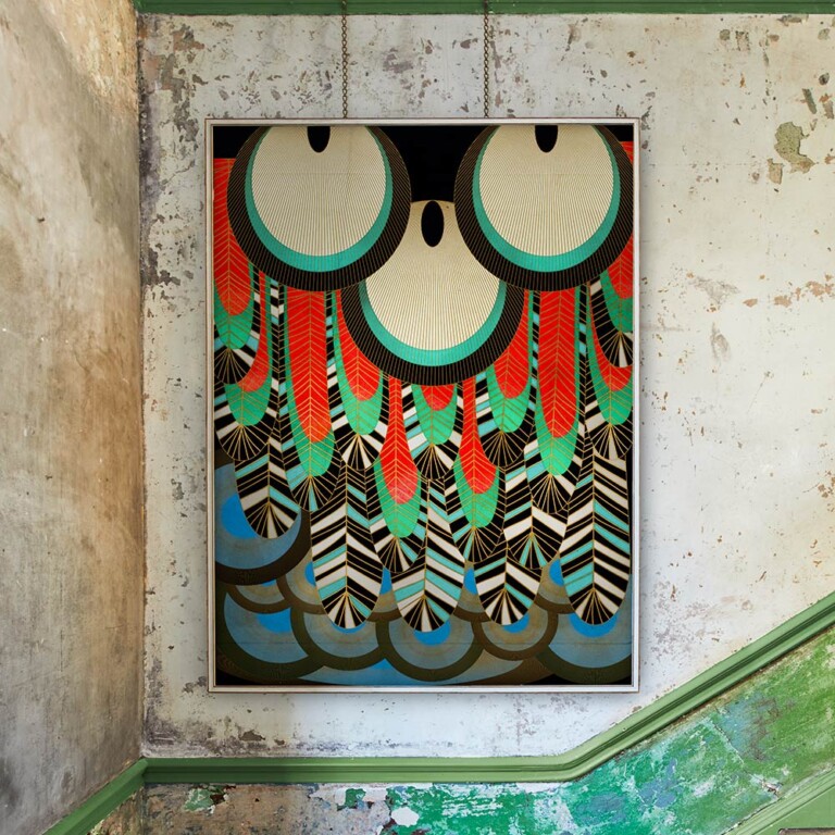 Art Deco Feathers Edition hanging from picture rails on a stairway landing