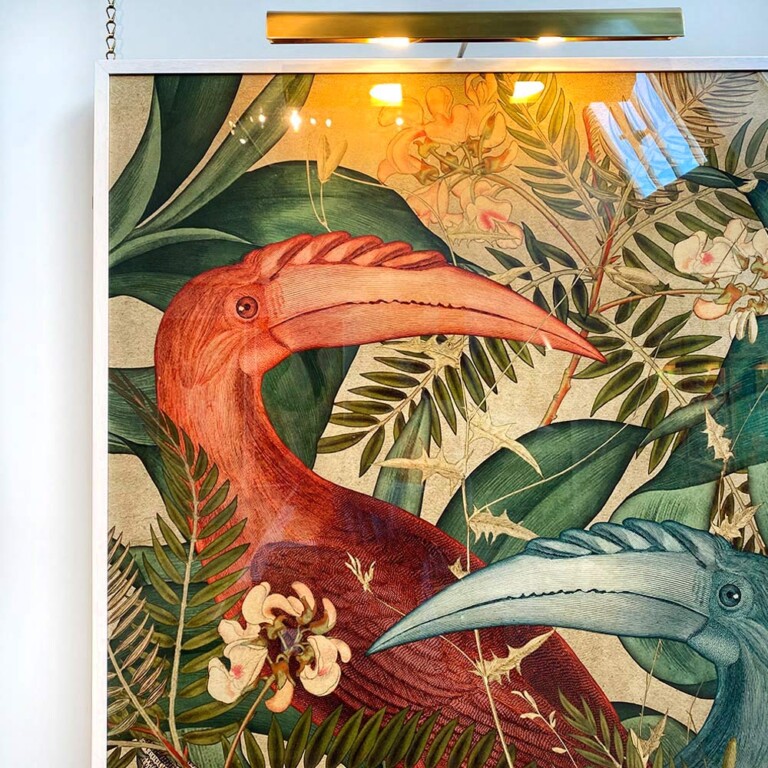Framed hornbill print detail with picture light