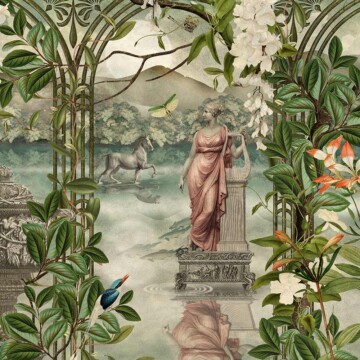 Caliban's dream wallpaper design with sculpture and pergola
