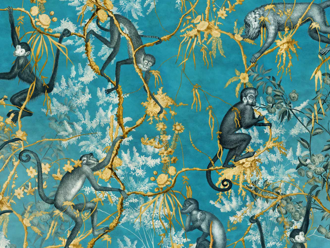 Cerulean primate wallpaper design in original colourway
