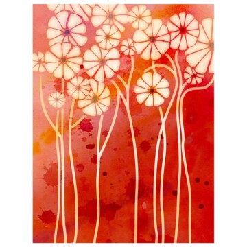 Spring bloom Ellis Edition with tall delicate florals and a red watercolour background