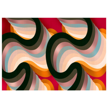 Abstracted line design with weaving form in red, black and pinks