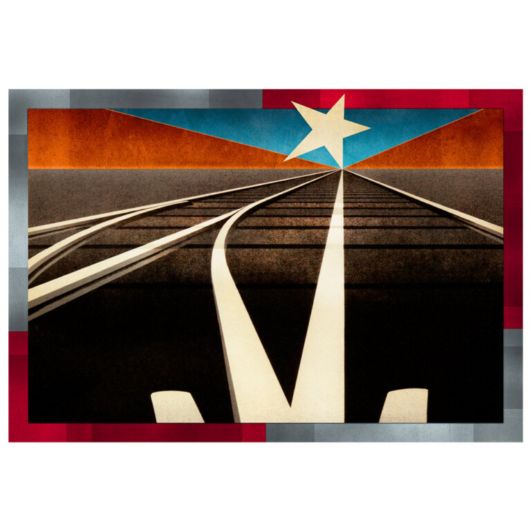 Homage to vintage railway poster with train tracks and graphic lines pointing to a star